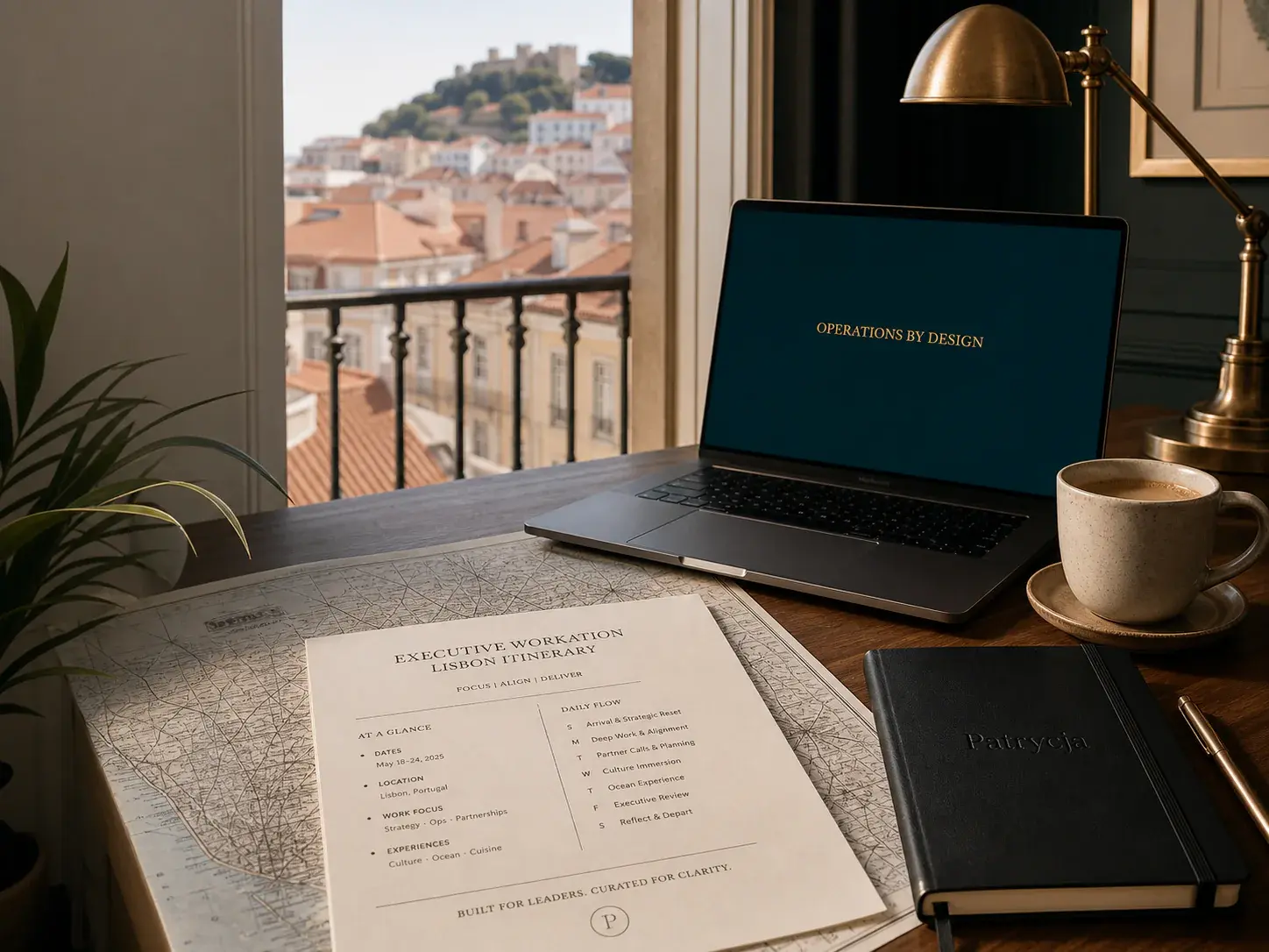 Workation blueprint, laptop, notebook, and coffee arranged on a private office desk