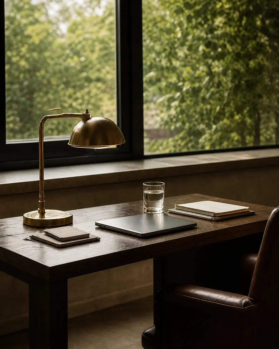 Executive desk with brass lamp, notebook, water glass, and green window view