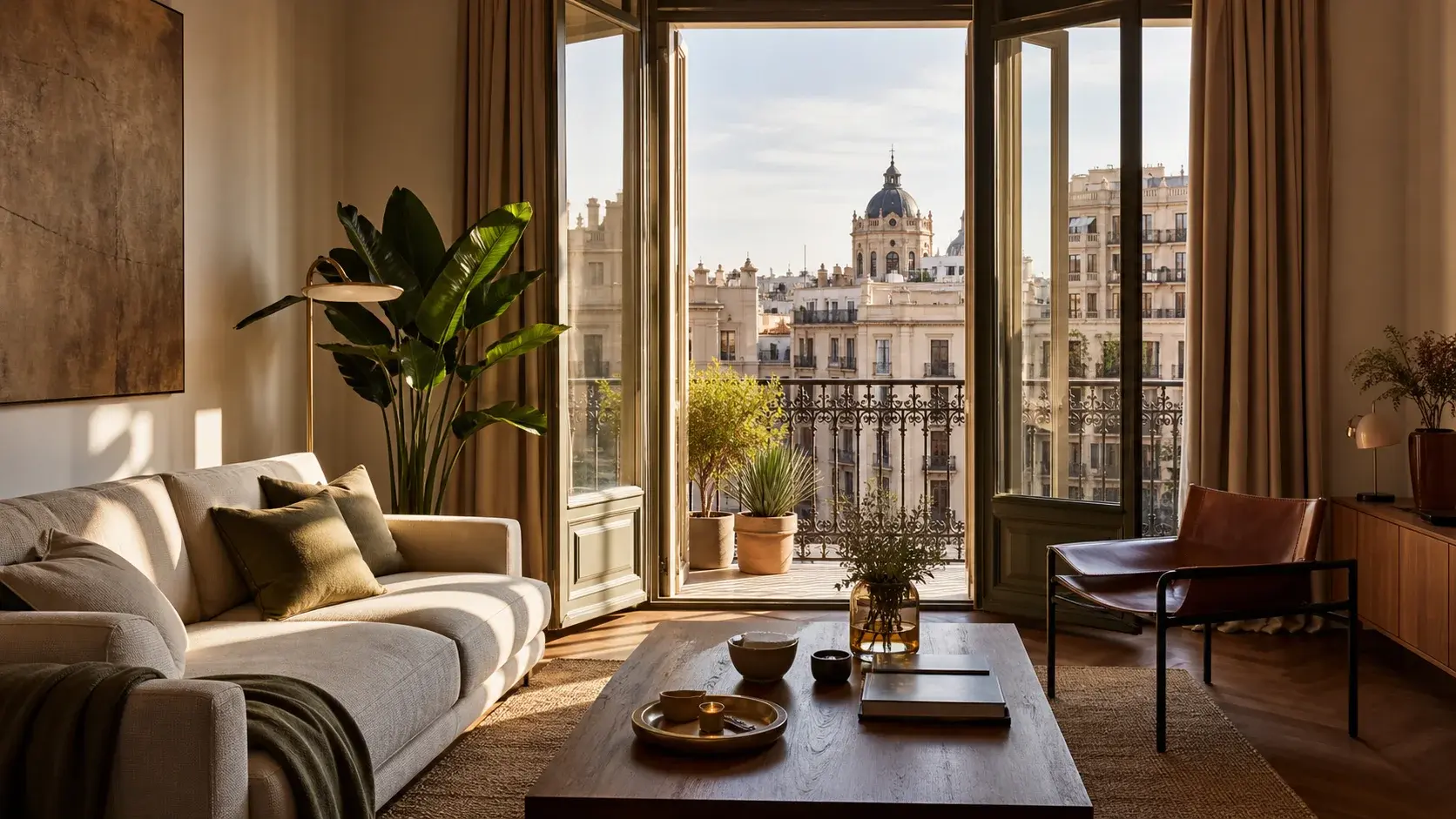 Verified Barcelona apartment living room with balcony doors and warm daylight