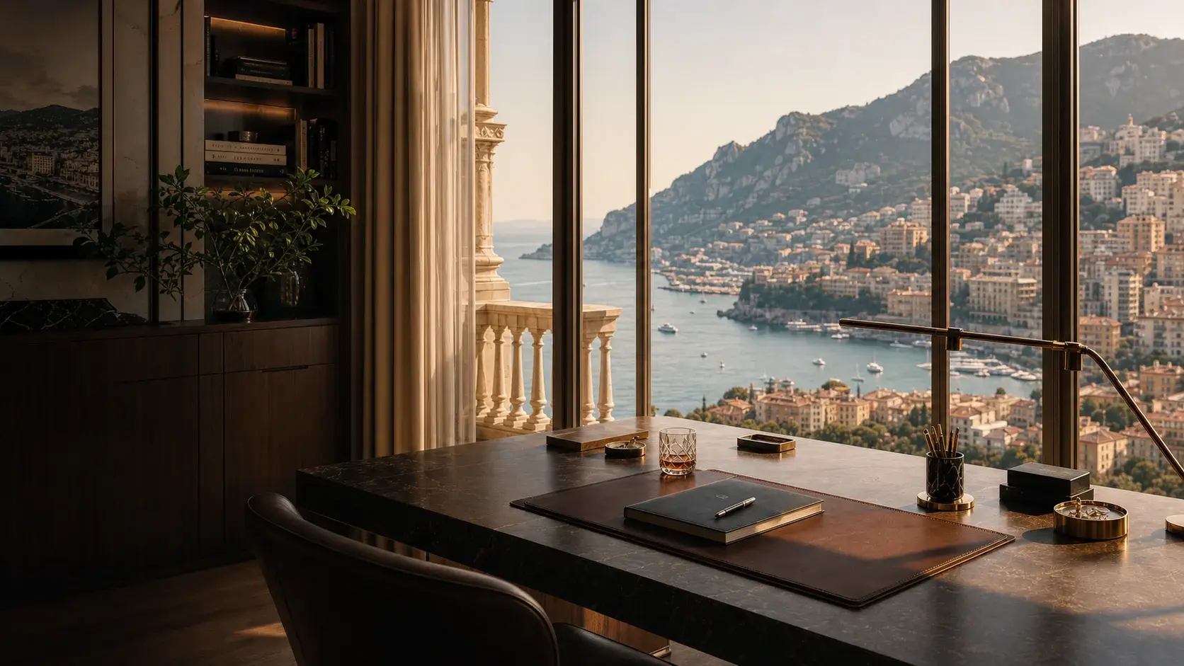 Executive office desk facing a Mediterranean coastal city