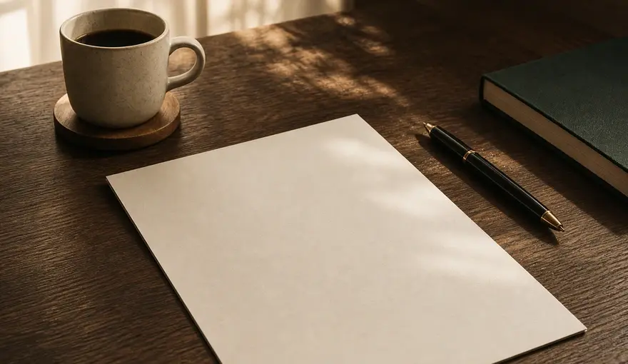 Clean workation questions desk with coffee and notebook