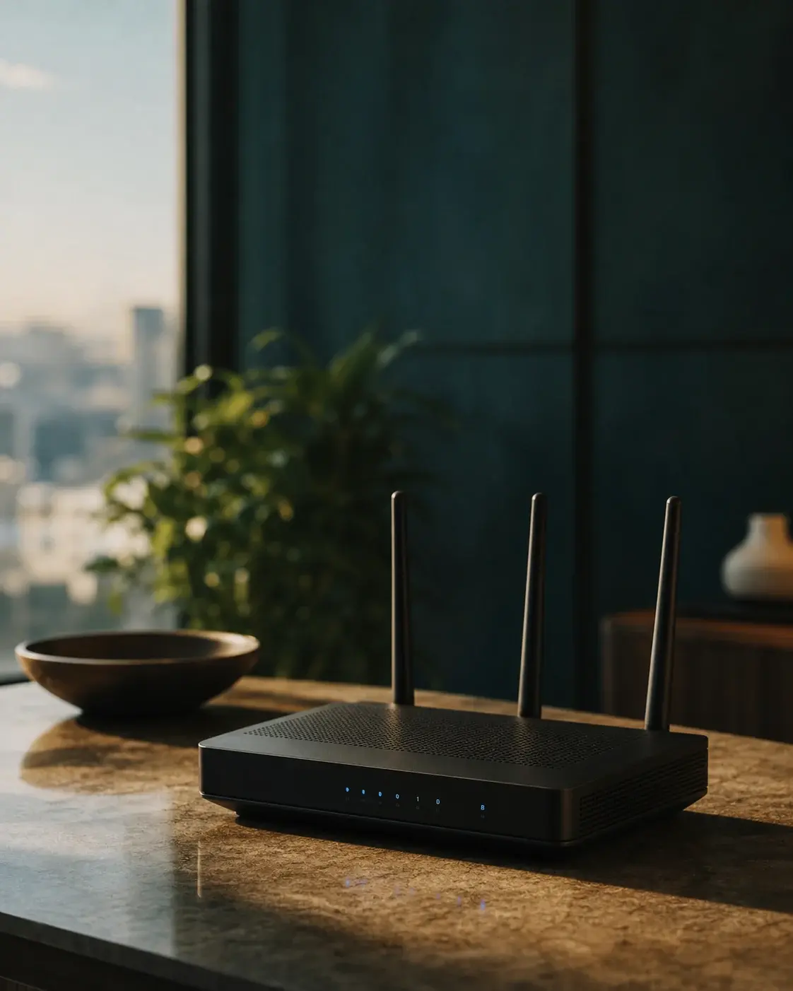Black enterprise router with three antennas in a quiet executive workspace